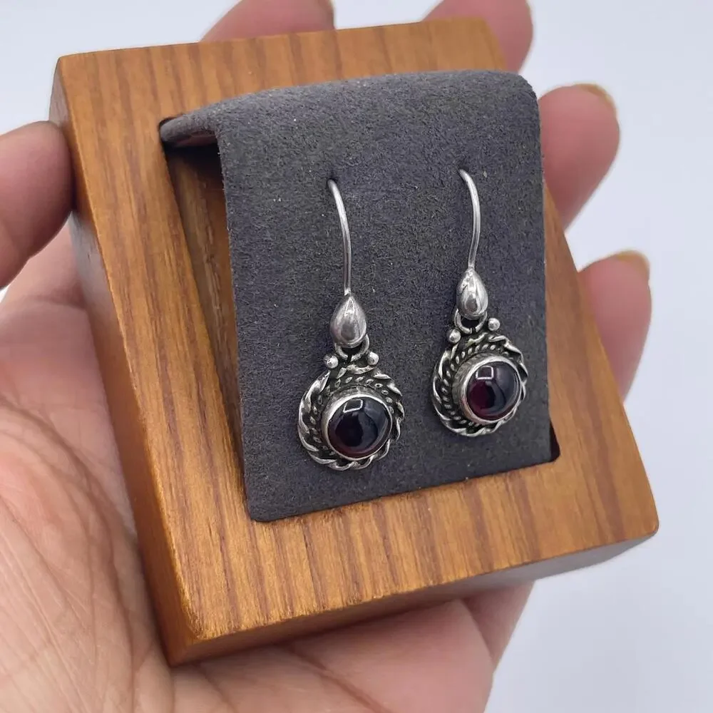 Vintage Sterling Silver Rhodolite Garnet Cabochon Drop Earrings 925 Artisan